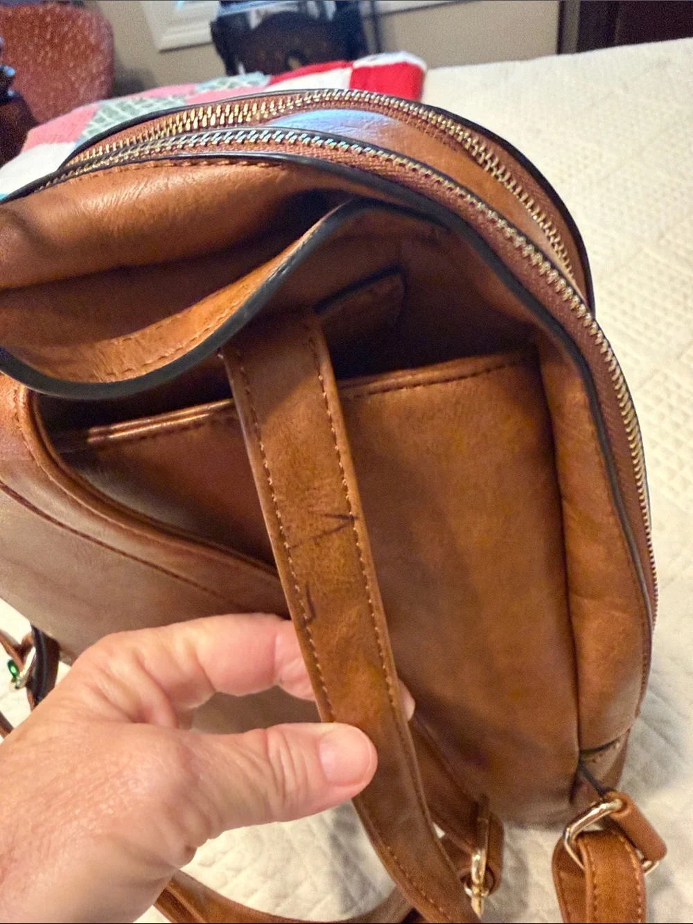 Men's Tan Leatherette Backpack with Braided Trim